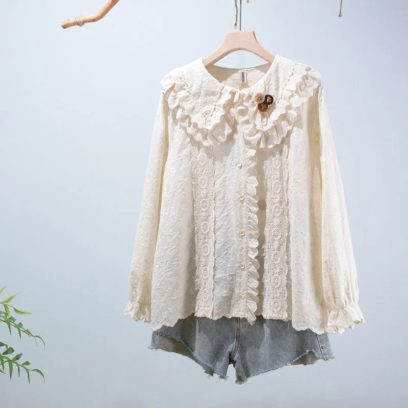 Frühling 202 Süßes, lockeres Baumwollkleid für Damen mit besticktem Puppenkragen, Spitzeneinsatz und langen Ärmeln im geraden Schnitt