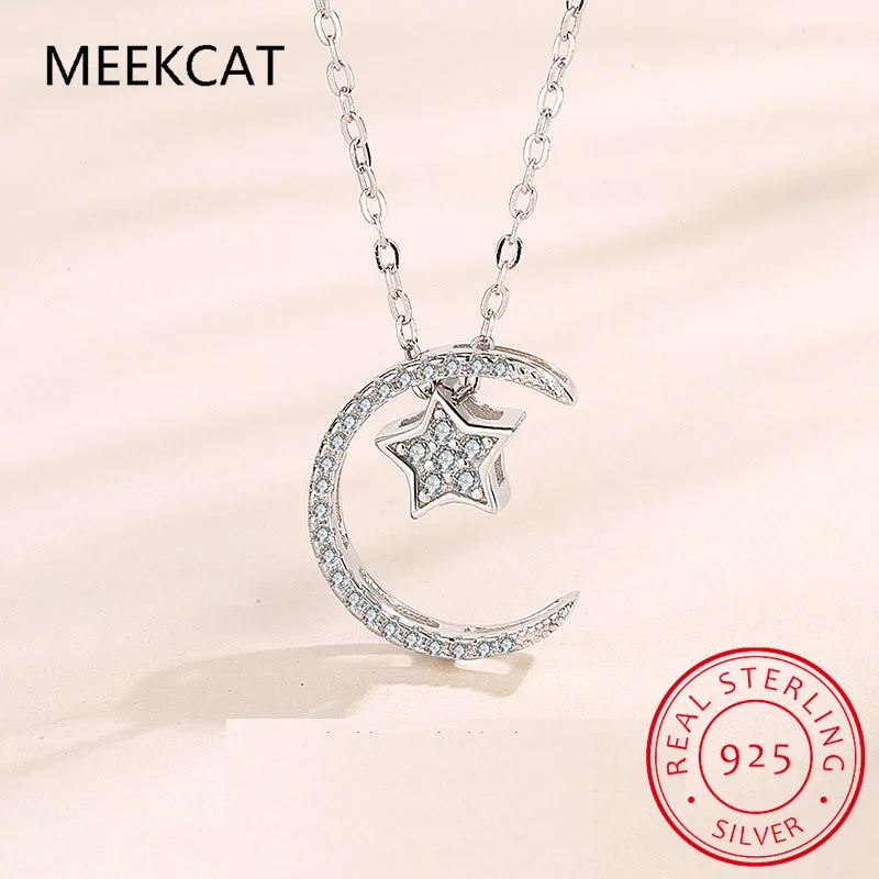 

Сверкающие ожерелья с подвесками в виде звезды и луны из муассанита для женщин, цепочки из стерлингового серебра S925, свадебные украшения, подарки, колье