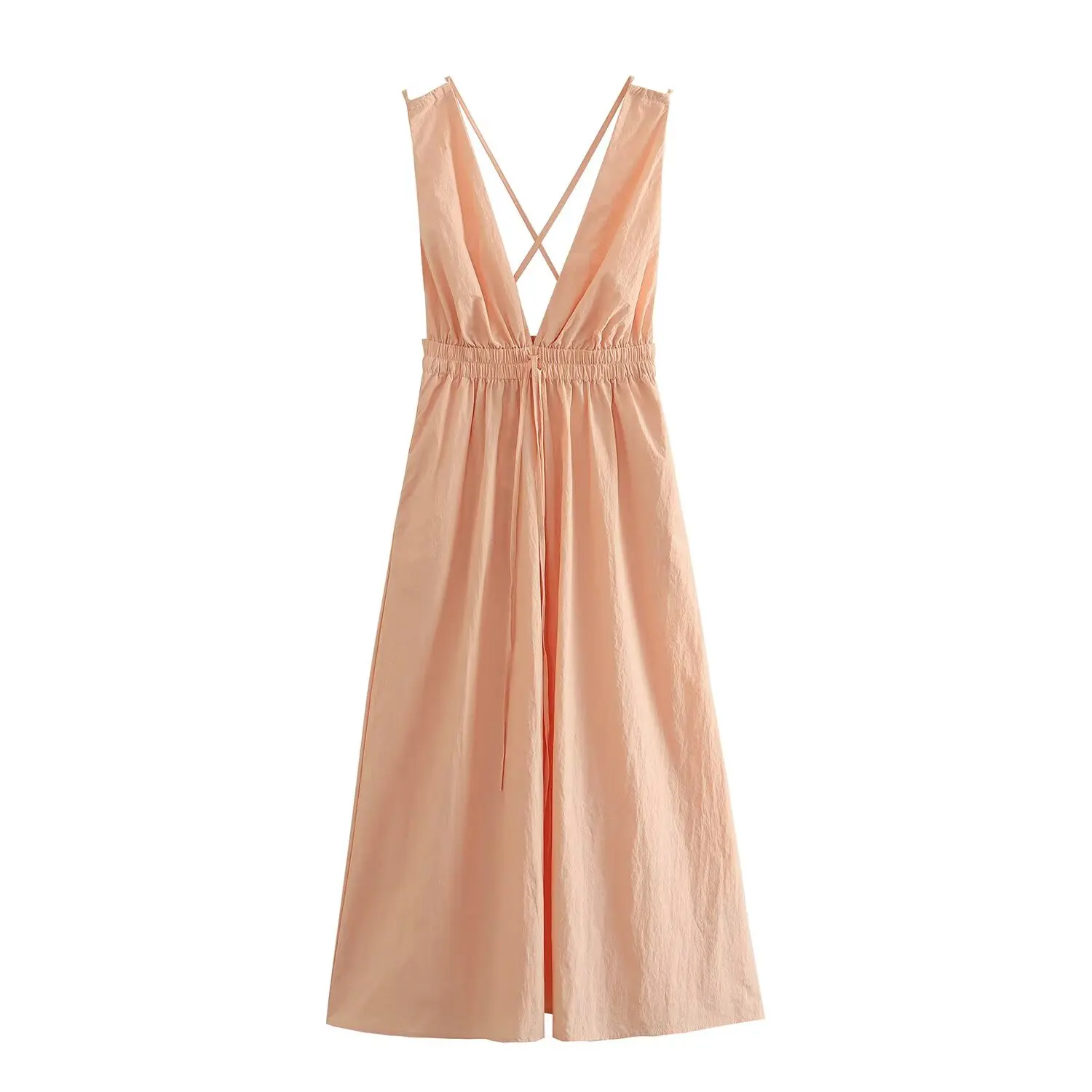 

Women's new fashion with drawstring sleeveless V-neck nylon MIDI dress retro backless women's dress