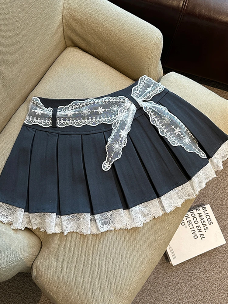 2025 Nowa damska słodka koronkowa koronkowa spódnica z wysokim stanem plisowana mini półspódnica koronkowy pasek Y2K Pure Desire Girl Short Skirt