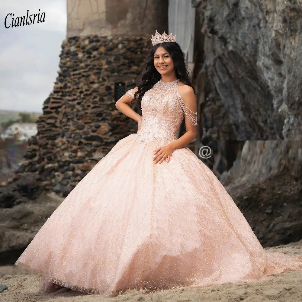 Vestido de baile de quinceañera con cuentas de cristal de oro rosa, brillante, sin hombros, con cordones en la espalda, para fiesta de graduación de 15 años