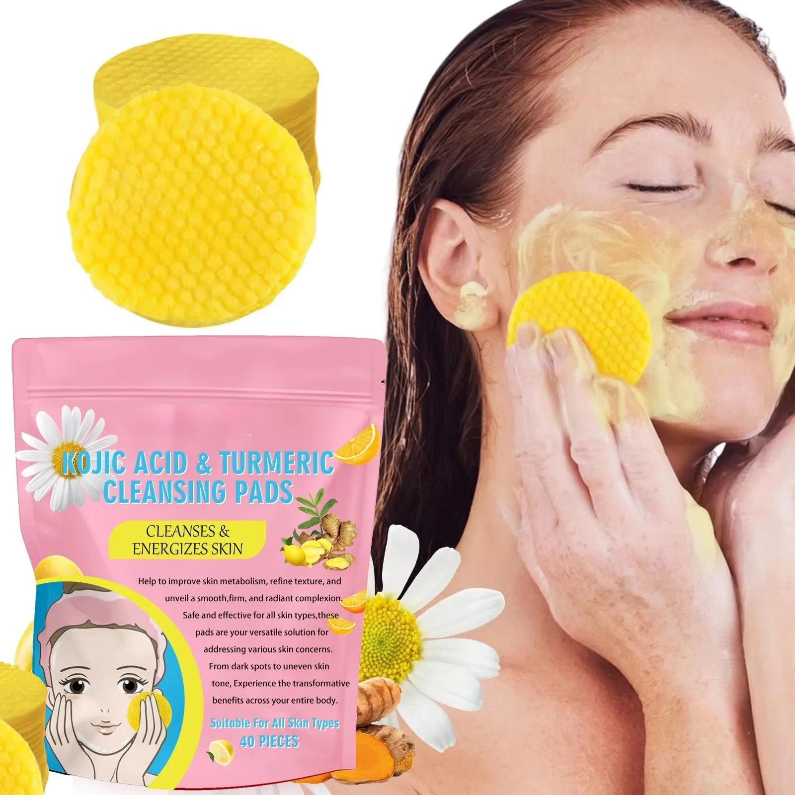 Turmeric Kojic Acid Cleansing Pads Exfoliating Pads Facial Sponges For Cleansing Exfoliating Daily Cleaning Skin Care
