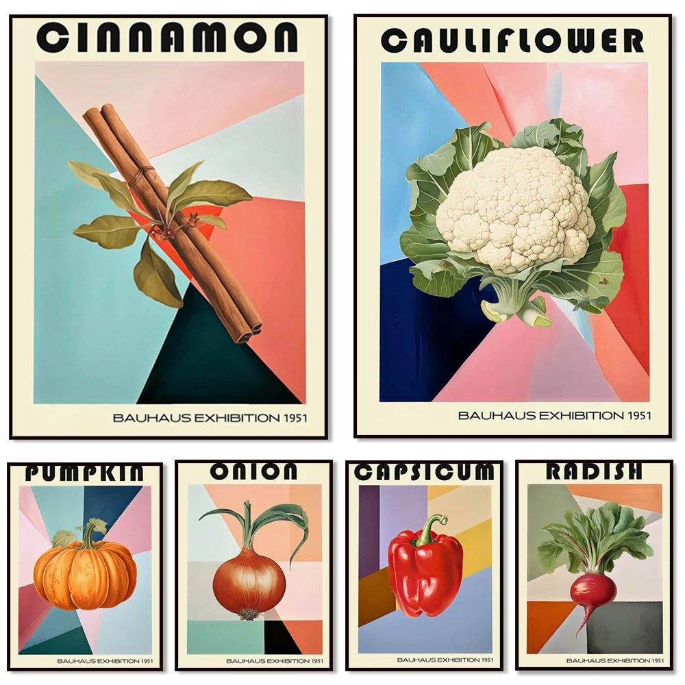 Tomato, broccoli, artichoke, pepper, cinnamon, corn, hazelnut, cucumber, onion, mint, radish kitchen bauhaus decoration poster
