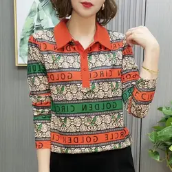 Autumn Women Clothing Printed Blouse Y2k Chic Contrast Style Tops Ladies Street Fashion Long Sleeve Vintage Shirts