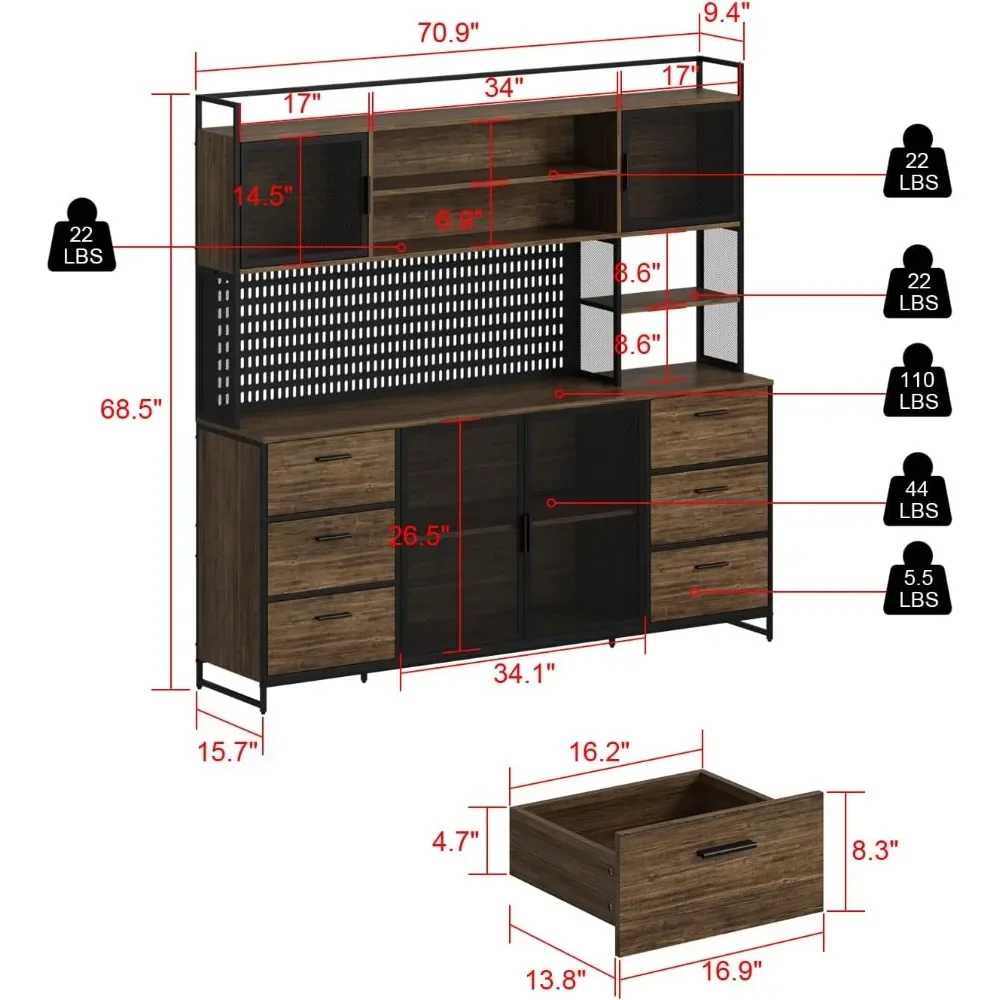 Sideboard storage cabinet with cabin, pegboard, 4 metal mesh doors, 6 drawers, shelves, kitchen pantry cabinets for dining room