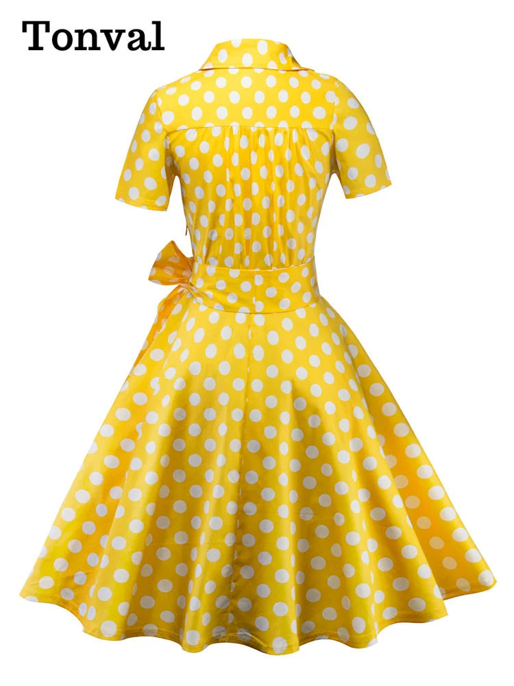 Tonval-Women\'s Retro Polka Dot Dress, Yellow Dress, Short Sleeve, V Neck, Belted, A Line, Summer Party, 50s Vintage Dresses