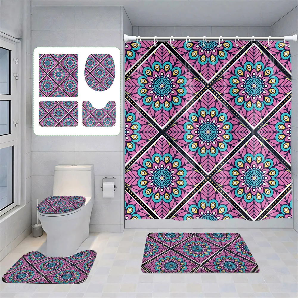 Bohemian-Style 4-Piece Bathroom Set: Shower Curtain, Toilet Cover &  with Vivid Mandala Patterns, Stylish&Exotic Bathroom Decor