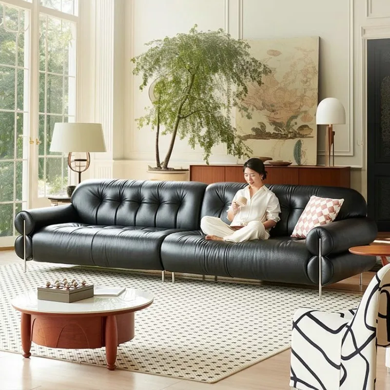 

Retro style light luxury black first layer cowhide minimalist medieval brown sugar sofa leather