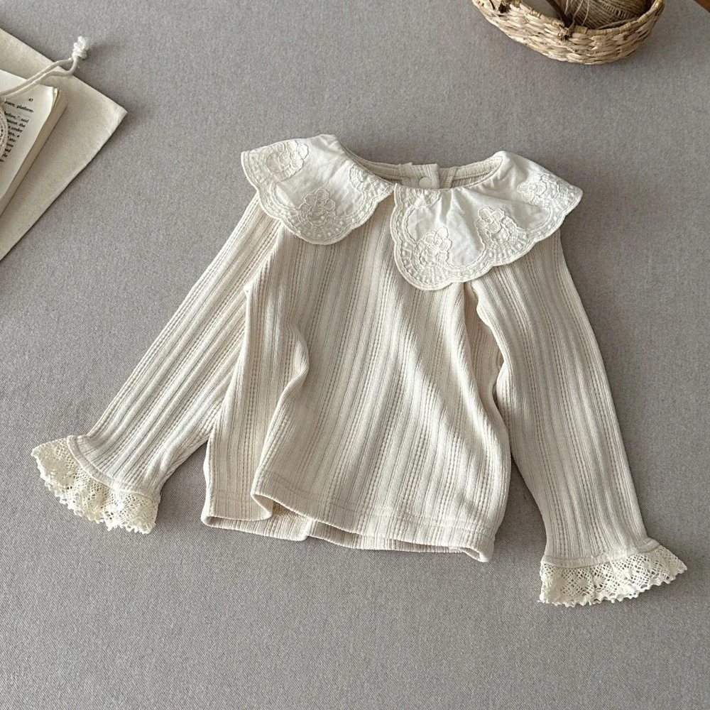 2026 Spring 6M-4Y Fall Toddler Girl Peter Pan Collar T-shirts Lace Ruffle Cuff Long Sleeve Shirt Daily Blouse Baby Top