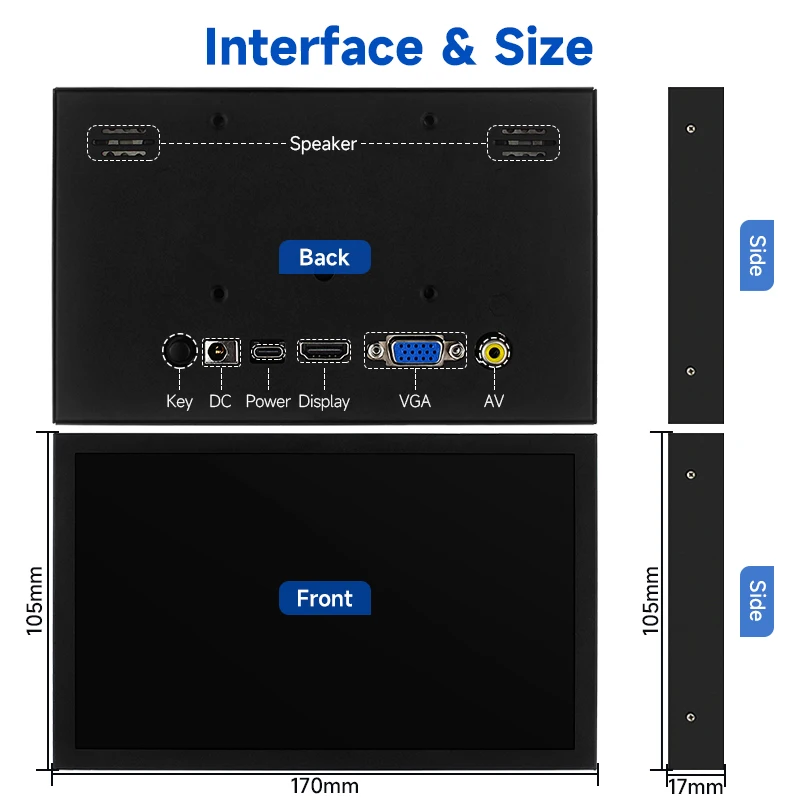 7 Inch Portable Monitor 1024x600 IPS LCD HDMI-compatible VGA AV Input DC Type C Power  Screen for PC Laptop Camera TV Box DVD