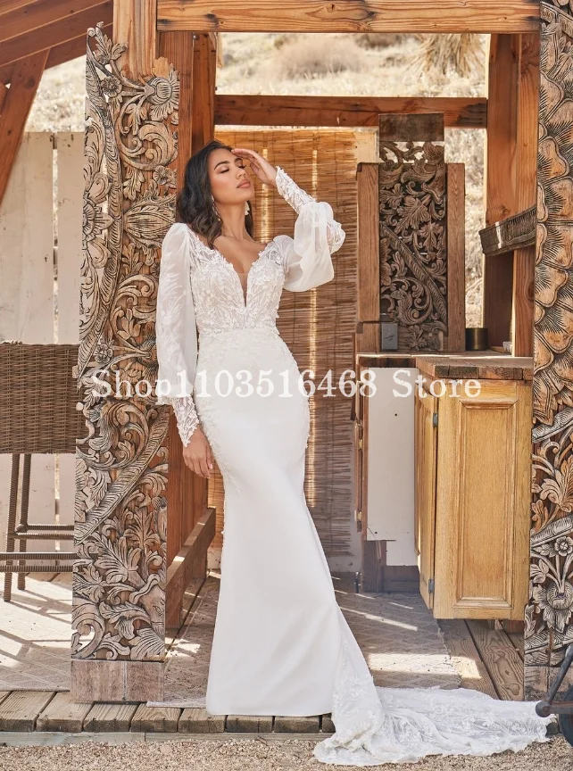 Elegant Wedding Dress 2024 Princess White Long Sleeve Satin Mermaid Applique Custom Long Bridal Gown فساتين طويلة