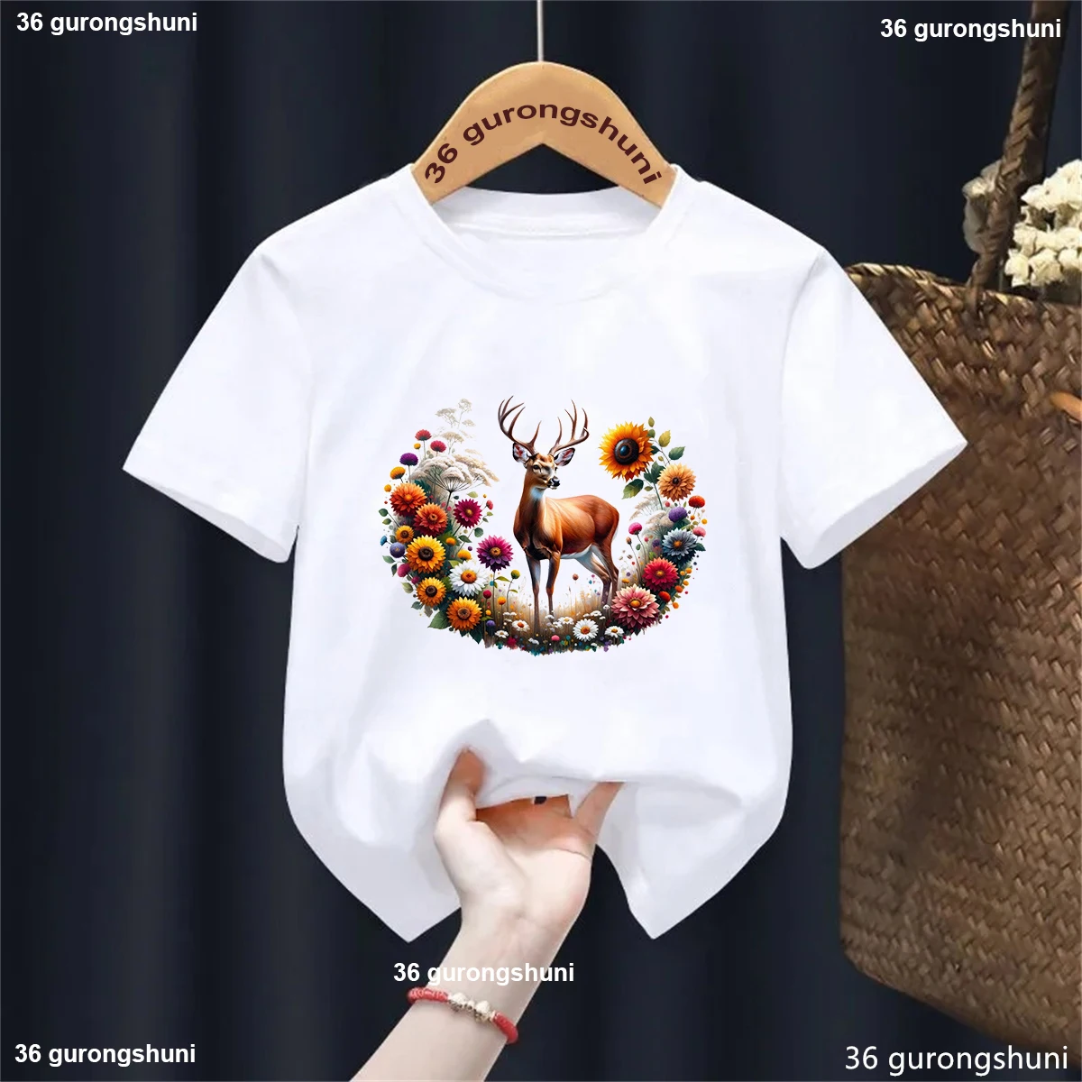 Deer Flowers Animal Printed Tshirt Girls/Boys Kawaii Kids Clothes Summer Fashion Short Sleeve T-Shirt Harajuku Shirt Streetwear