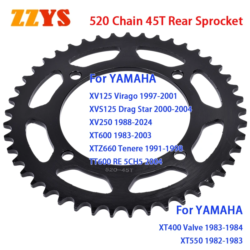 

Задняя звездочка 520 45T для YAMAHA XV250 1988-2024 XV125 1997-2001 XVS125 2000-2004 XT600 1983-2003 XTZ660 XVS 125 XV 250 XT 600