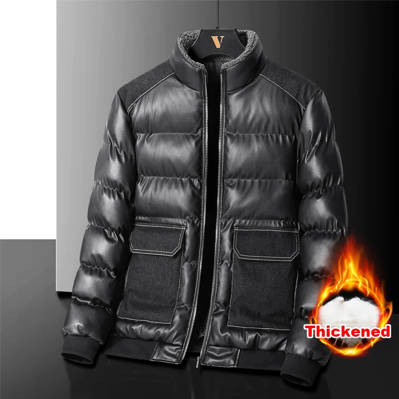 

M-5XLЗимние мужские стеганые утепленные куртки, облегающий воротник-стойка с накладными карманами из искусственной кожи, мужские стеганые парки, зимнее пальто