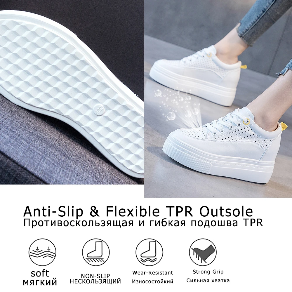 fujin 8cm 2024 Genuine Leather Women shoes white skateboard sneakers platform wedge shoes air mesh hollow breathable