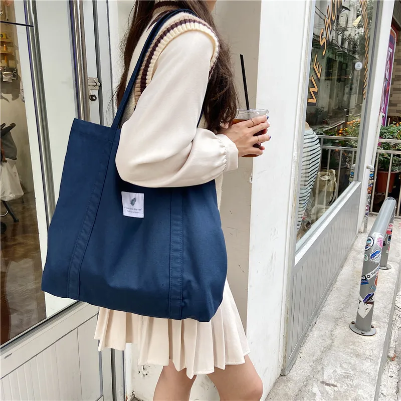 New retro ladies shoulder bag simple solid color small fresh canvas bag literary women\'s buckle tote bag large capacity handbag