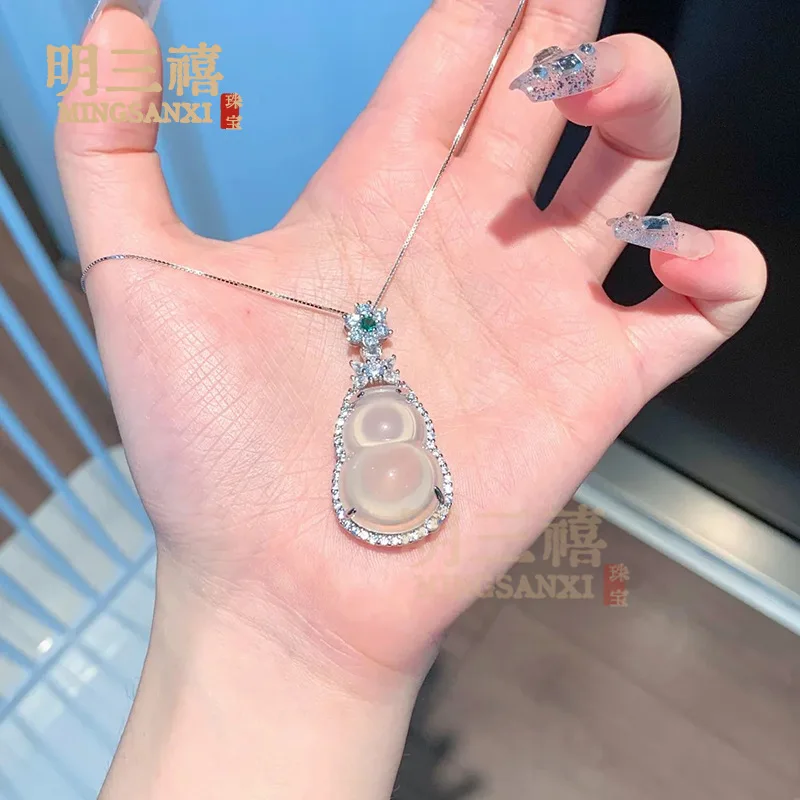 

Серебряный кулон-тыква с инкрустацией из натурального белого халцедона и агата, женское нефритовое ожерелье на удачу и процветание