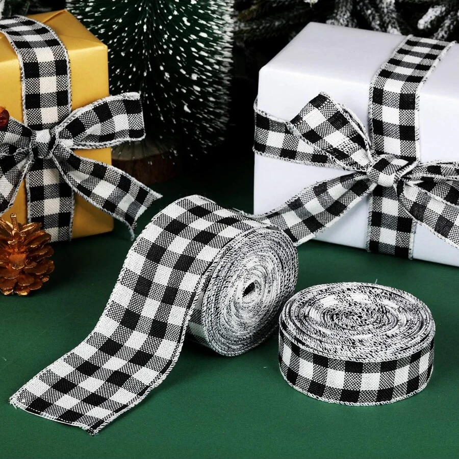 1 Roll 1.57×236.22in Buffalo Plaid Burlap Wired Ribbon Weave Ribbon with Wired Edge for Christmas Decoration