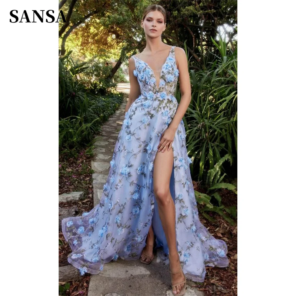

Sansa 3D Flower Lace Embroidery فساتين السهرة Sexy V-Neck Tulle Vestidos De Noche Romantic Spaghetti Strap A-line Prom Dresses