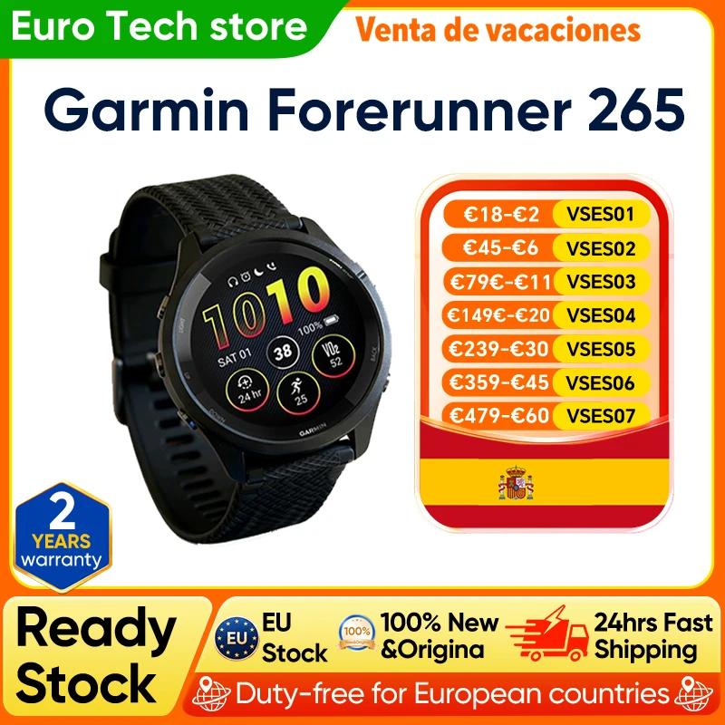 Montre connectée sportive Garmin Forerunner 265 avec GPS, écran AMOLED de 1,3 pouce, écran tactile, 13 jours d'autonomie, programmes d'entraînement