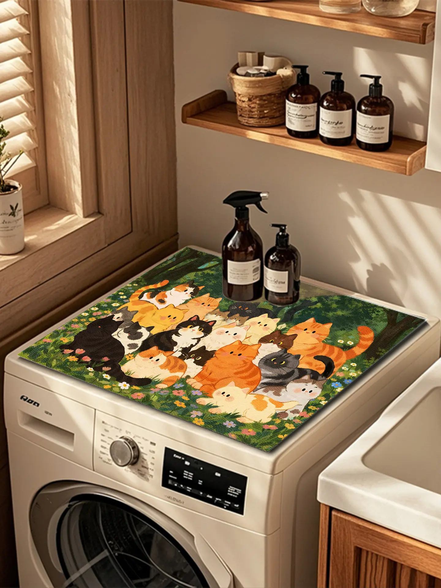 VIKAMA Forest Oil Painting Multi Cat Washing Machine Top Mat Garden Animal Print Waterproof Anti Dust Laundry Dryer Surface Mat