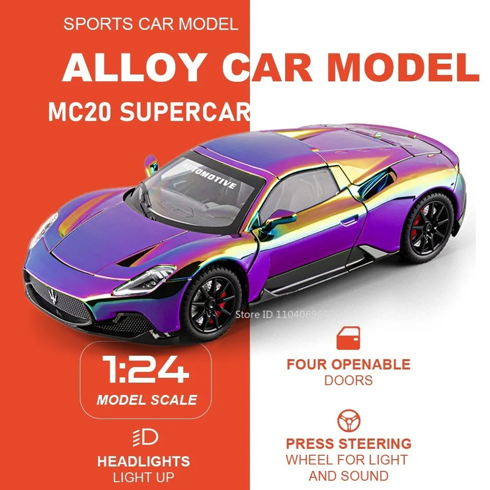 

Миниатюрная модель спортивного автомобиля MC20 GT 1:24, литая из сплава, с амортизацией, открывающимися дверями, откатным механизмом, звуком и светом, имитация суперкара