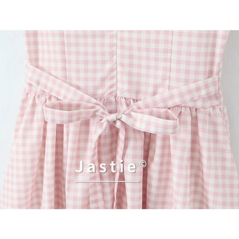 優しいエレガントなライトピンクの格子縞ドレス新しい 2026 美しい女の子フロントボタンサマーパーティードレスボヘミアンカジュアルビーチ女性 Vestido