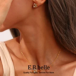 E.B.belle Stainless Steel Gold Plated Tarnish Free Rhinestone Pearl Flower Design Stud Earrings Pendant Necklace Jewelry Set