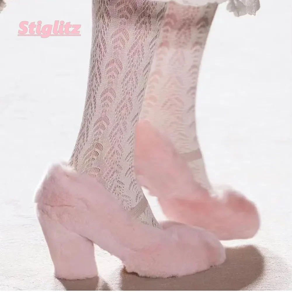 

Pink Plush Mary Jane Pumps Solid Round Toe Strappy Chunky Heel Slip-on Footwear Party Fashion Sweet Commute Shoes For Women 2025