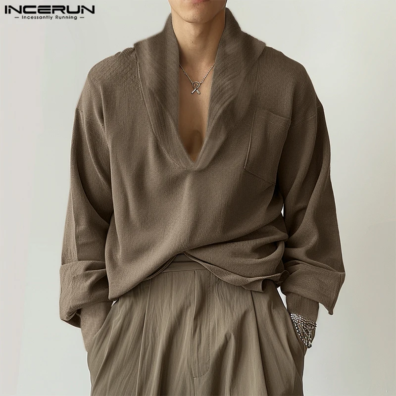 Handsome Well Fitting Tops INCERUN Men's Loose V-neck Design Shirts Casual Streetwear Male Solid Long Sleeved Blouse S-5XL 2024