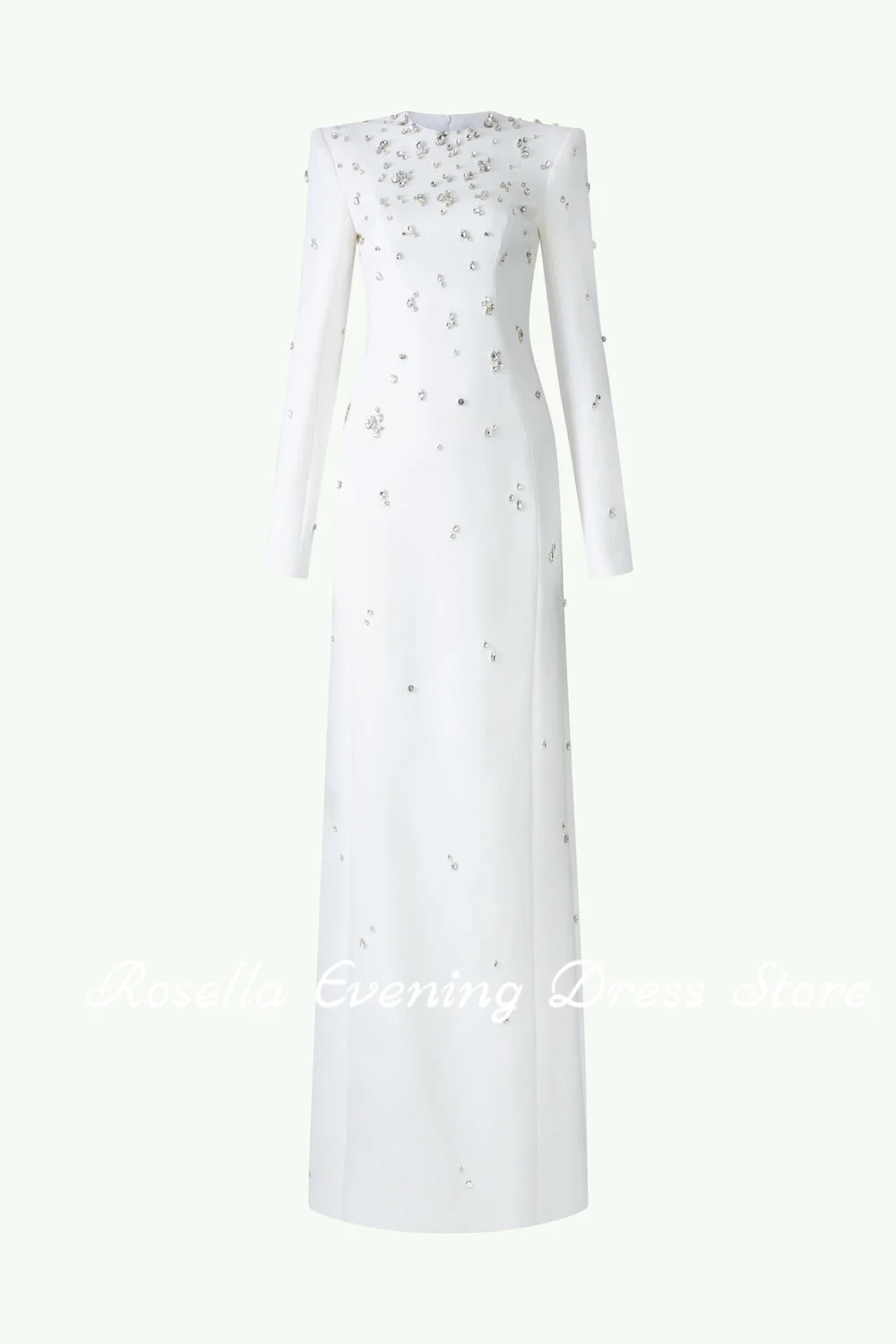 ROSELLA O Neck Crystal Evening Dresses Floor Length Straight with Long Sleeves Formal Occasions Dress Back Slit New 2024