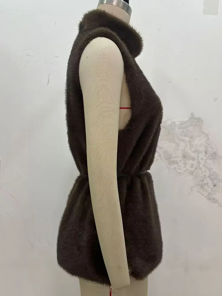 

HH женский зимний новый модный топ с высоким воротником с поясом, женский уличный темпераментный простой повседневный топ без рукавов с эффектом искусственного меха