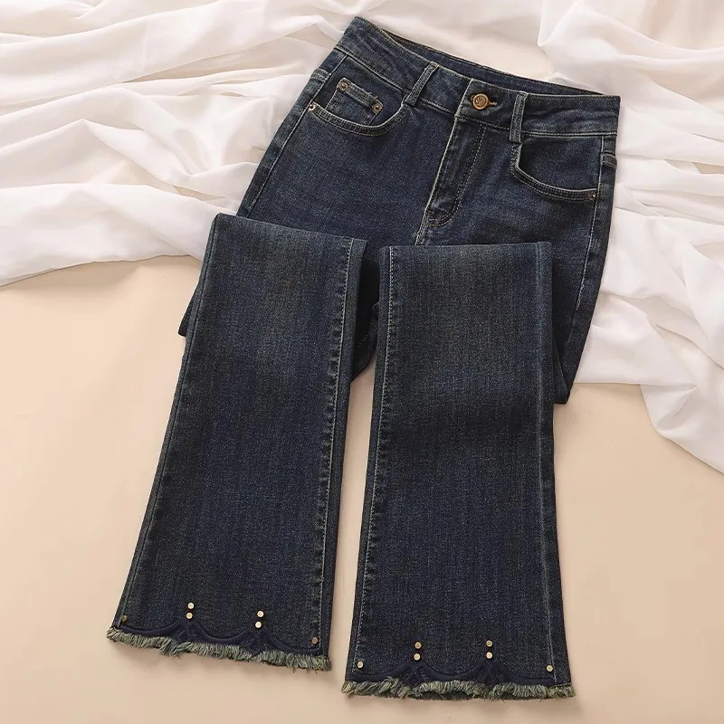 

Cement Grey Jeans Women Spring Autumn 2025 New Elastic High Waisted Flared Pants Retro Versatile Tassel Raw Edge Trousers