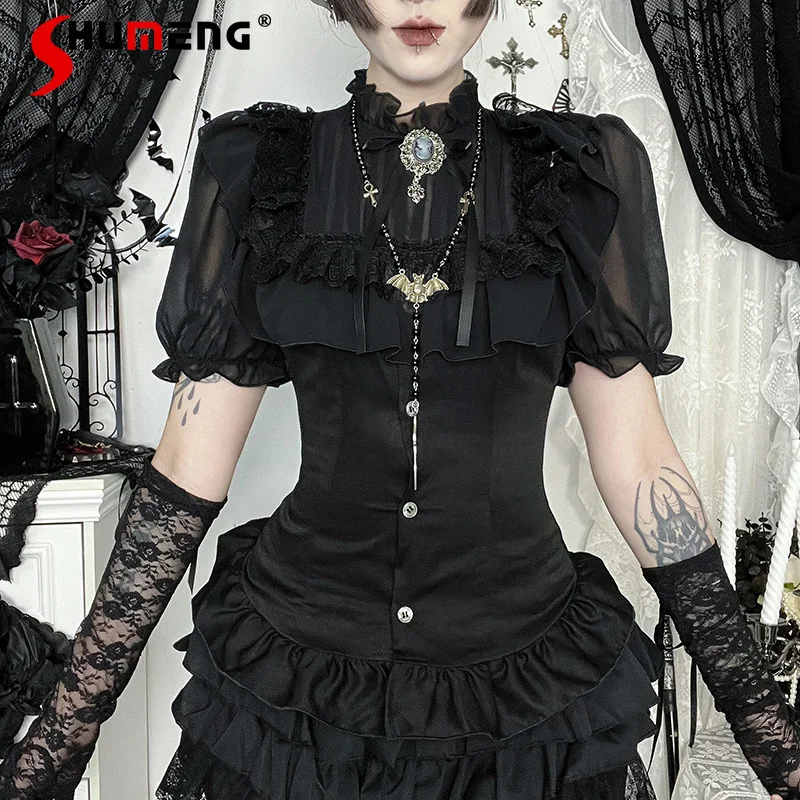 Gothic Style Casual Black Lace Short Sleeves Single-breasted Shirt Set Japanese Hot Girl Y2K Subculture Puffy Short Skirt Female