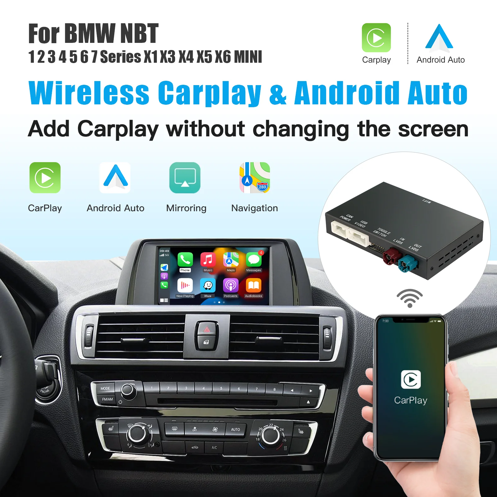 Wireless CarPlay Android Auto for BWM NBT System 1 3 4 5 6 7 Series X1 X3 X5 X6 X7 2011-2017 Year Adapter Box Module Decoder