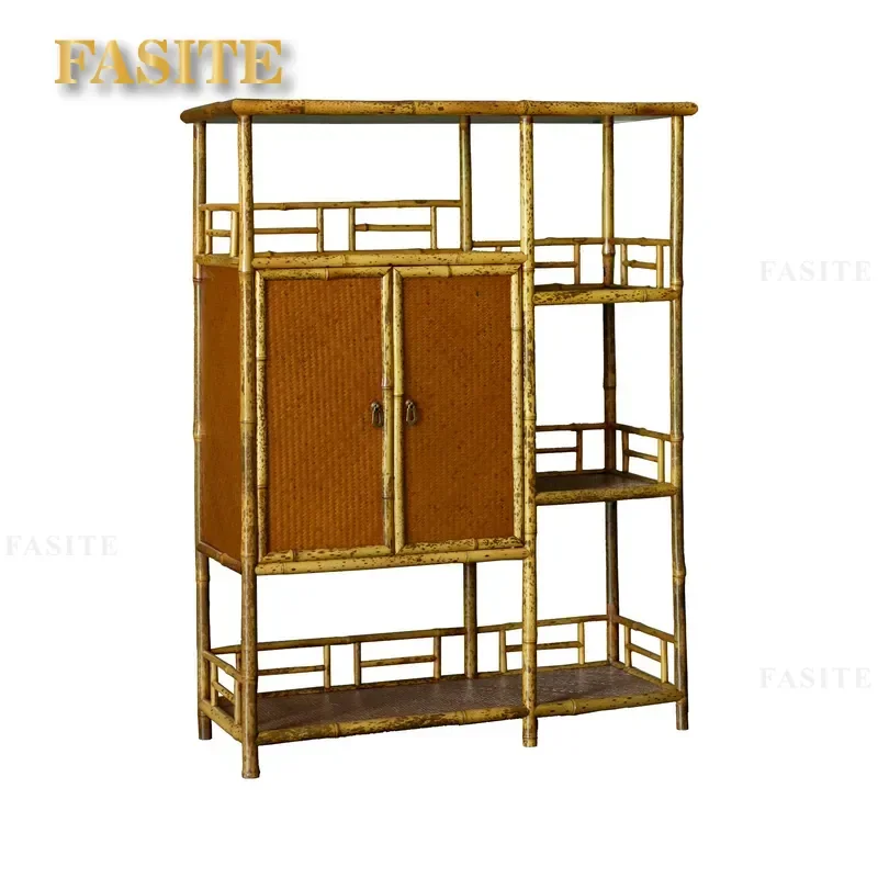 For Chinese Bamboo Tea Cabinet Multi Layer Floor to Ceiling Storage Display Rack with Door Bookshelf Bogu Shelf Home