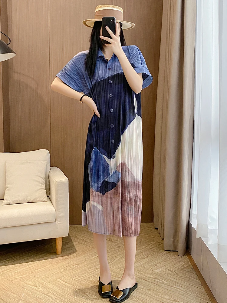 

Summer Elegant Slimming Midi Dress Women's Loose Fit Single Button Notch Collar High End Silk Blend Straight Cut Dress