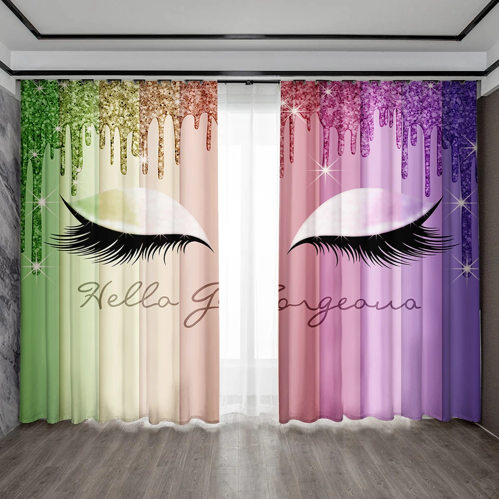 2PC Home Decoration Curtains, Multi-Color Cartoon Cute Eyelashes With Rod Pocket Curtains, Suitable For Kitchens,Cafes, Living