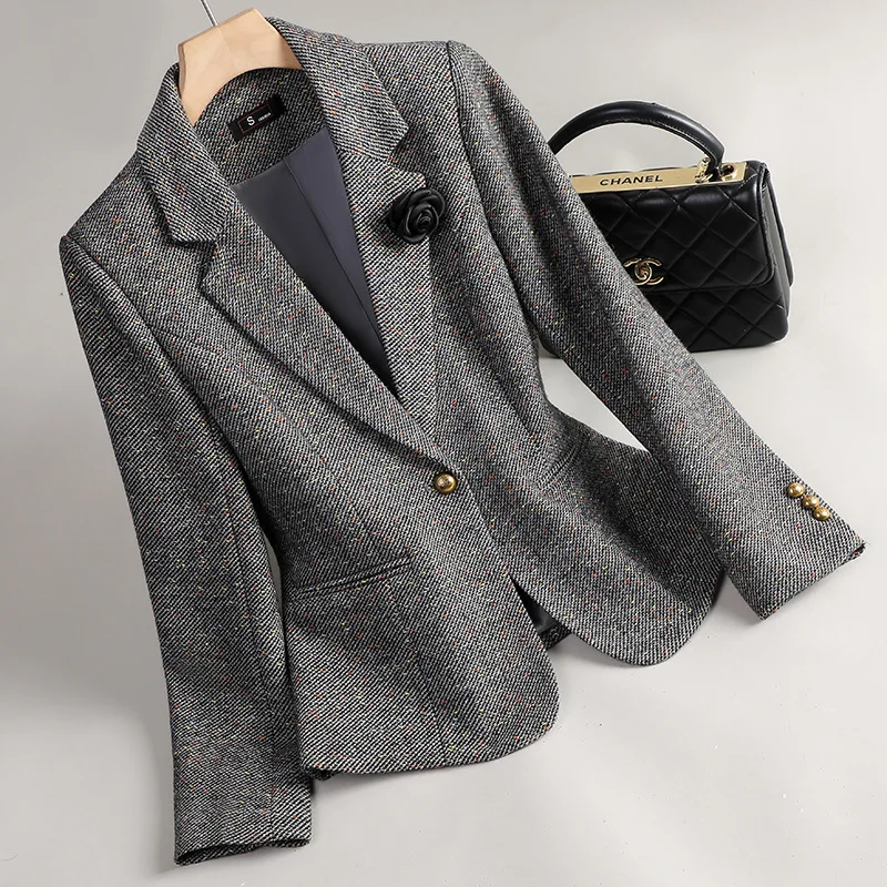 New Wool Blazer Women Outerwear Autumn Winter Jacket Casual High-end Woolen Suit Coat Female Slim Formal Work Short Jacket