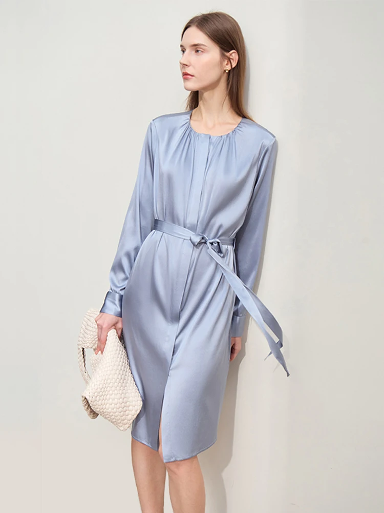 Amii Minimalism 2024 Spring New Women Shirt Dress Round Neck Pleats With Belt Stretch Mulberry Silk Solid Dress Female 12441302