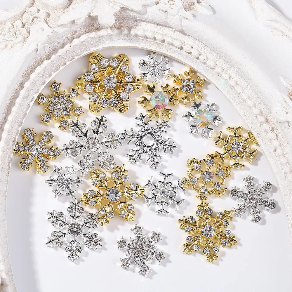 10PCS Metal Christmas Snowflake Nail Parts Diamond zircon Nail Charms Glitter Christmas DIY Nail Art Accessories Decoration