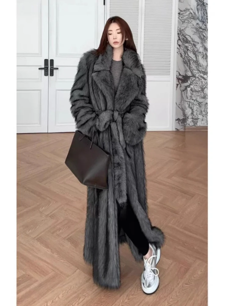 Women Extra Long Fur Coat Winter Dark Gray Faux Fox Furs Lapel  Windproof Thick Warm Plush Jacket Lace Up Large Size Parkas 2025