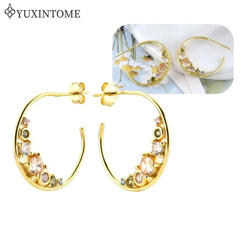 

925 Silver Needle Colorful Zircon C-shaped Earrings European American Ring Acrylic Exaggerated Large earrings Fashion Jewelry