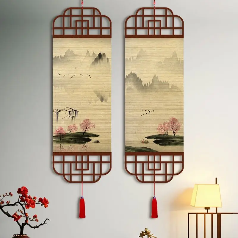 Zen Dry Landscape Bamboo Scroll Hanging Painting for Tea Room Study courtyard Living Wall Art Room Decor Aesthetic