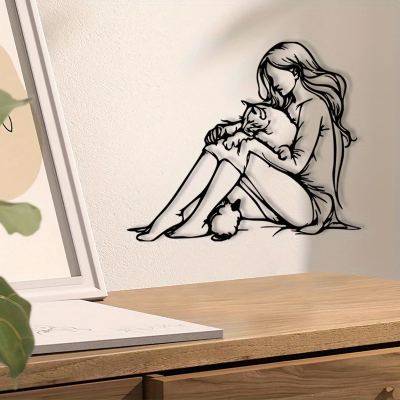 2D Flat - 2D Metal Featured Flat Design, 1pc Female Hugging Cat Metal Wall Art Statue