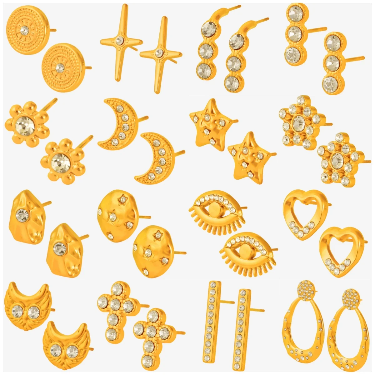 1pair Gold Color Evil Eye The Sun Moon And Stars Glistening Cubic Zircon Earring Left Right Side Statement Earrings For Girl