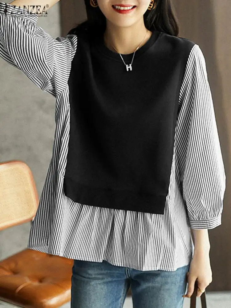 Autumn Women Stripe Patchwork Blouse Fashion Long Sleeve O-Neck Shirt 2024 ZANZEA Casual Elegant Loose Work Blusas Holiday Tops