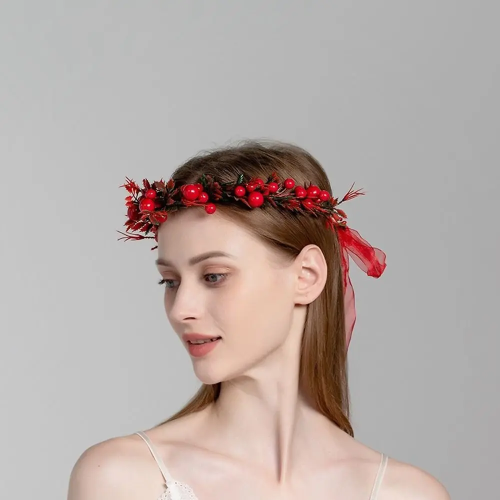 

Flower Cloth For Girls Wedding Party Hairband Women Headwear Crown Flower Headband Wreath Decoration Red Berry Garland