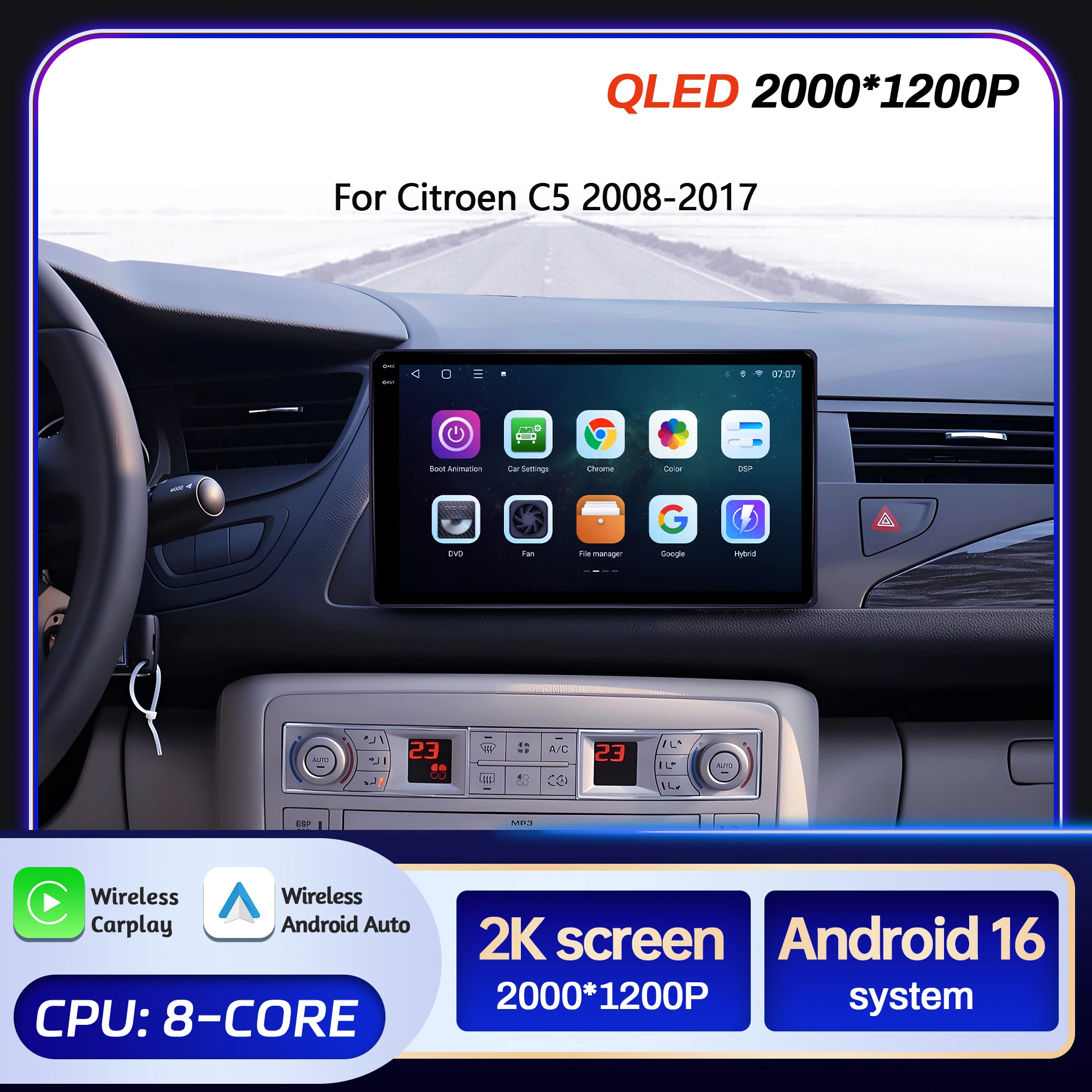 

9-дюймовый автомобильный радиоприемник Android 16 для Citroen C5 2008-2017 BT Carplay, мультимедийная навигация, 2K QLED экран