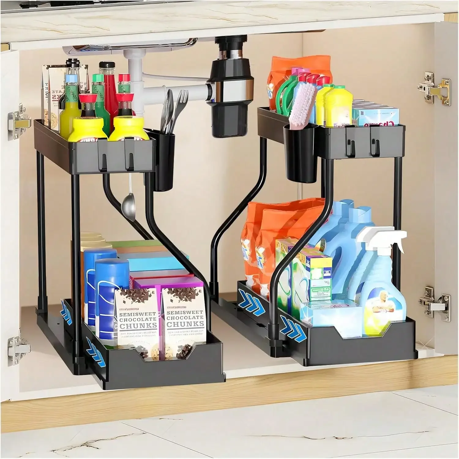 

Set Of 2 Double-Tier Under-Sink Storage Racks, Kitchen Cupboard Storage Racks, Double Sliding Basket-Style Storage Drawers, Mult